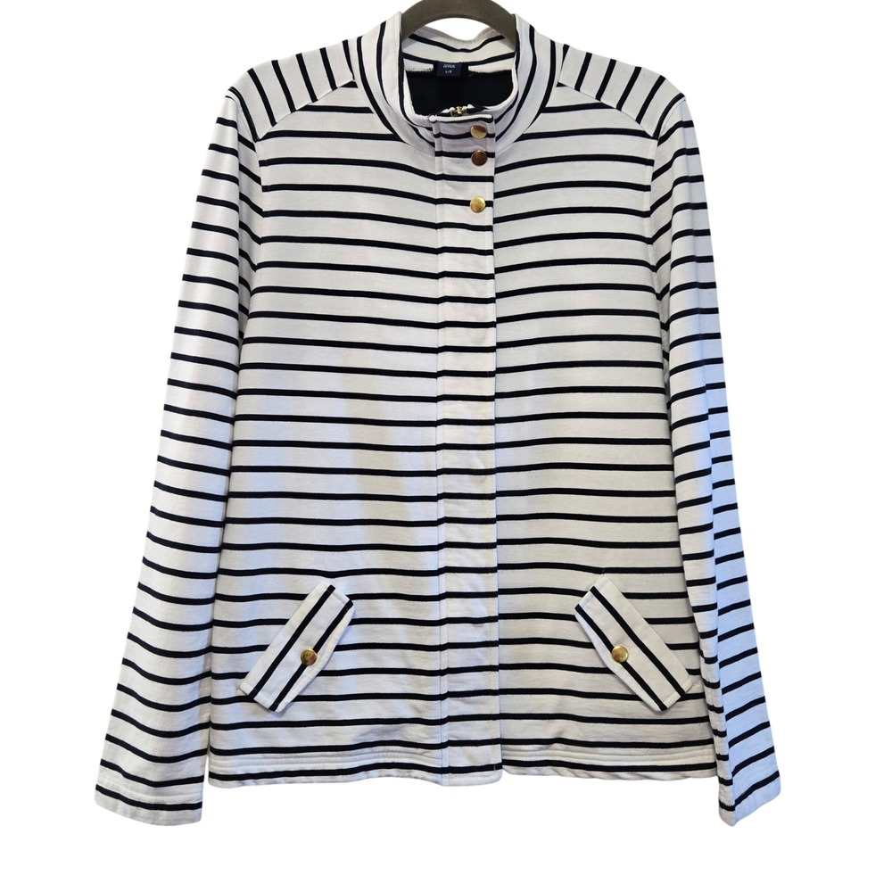 Basic Editions Coastal Vibe Women's L Navy White Striped Cotton Zip Front Jacket